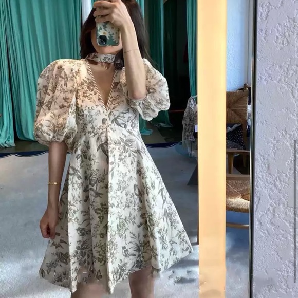 French Style Print Puff Sleeve Vintage Dress - Picture 3 of 15